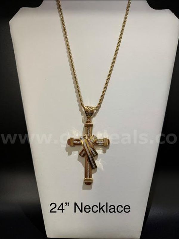 Gorgeous, 4MM, 24", Diamond Cut Rope Chain W/ Large CZ Bling Bling Cross, Real 24k Gold Filled