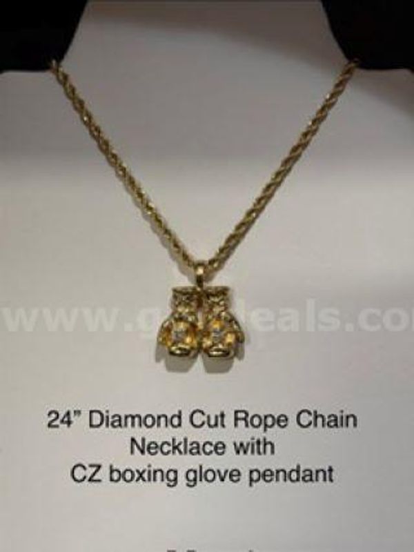 Attractive, 24k Gold, 2MM, 24 Inch, Diamond Cut Rope Chain W/CZ Boxing Glove Pendant