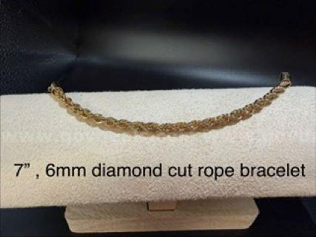 7 Inch, 6MM Diamond Cut Rope Chain Bracelet, Real 24k Gold Filled