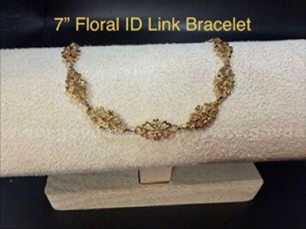 Stunning, 7 Inch, Ladies Floral Link ID Bracelet W/Safety, Real 24k Gold Plated
