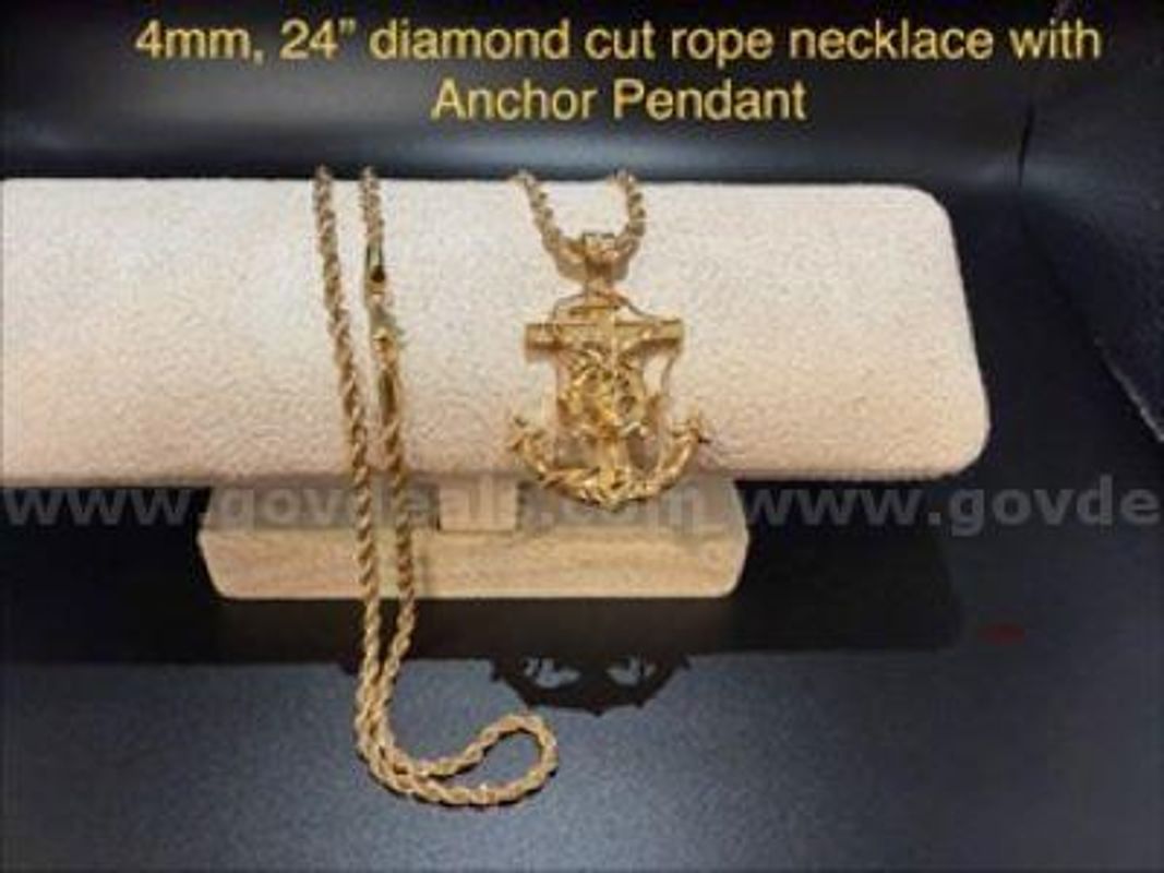 Beautiful! 24" 4MM Diamond Cut Rope Chain w/Jesus on Anchor Pendant, 24k Real Gold Filled