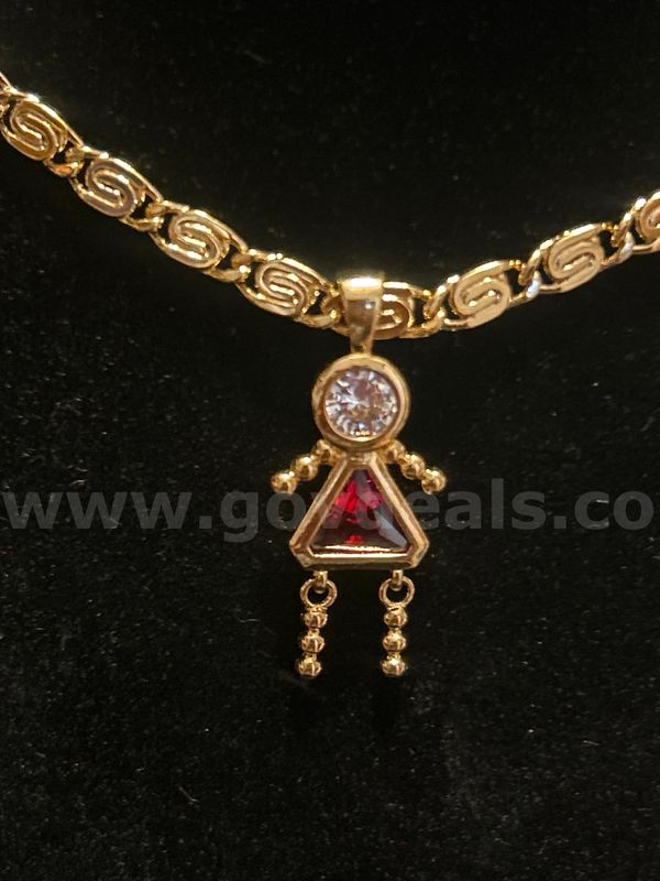 22”, Byzantine Chain W/Garnet BS CZ Little Girl Pendant 24K Real Gold Plated