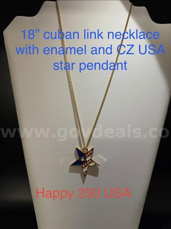 Happy Birthday America, 18", Real 24k Gold Filled, Cuban Necklace W/Enamel CZ Star Pendant