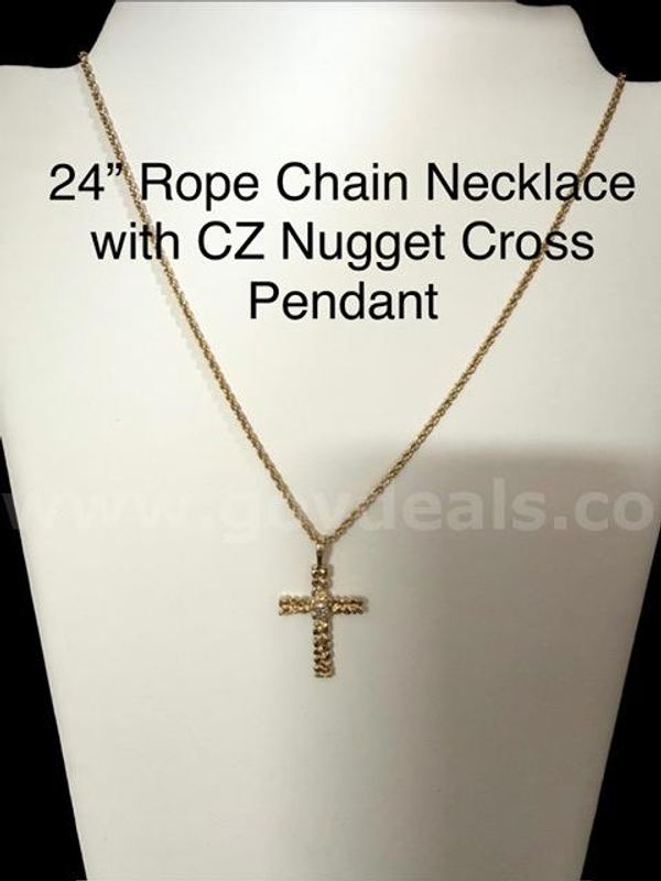 Beautiful, 24 Inch, 1MM, Diamond Cut Rope Chain Necklace, W/CZ Nugget Cross Pendant, Real 24k Gold Plated