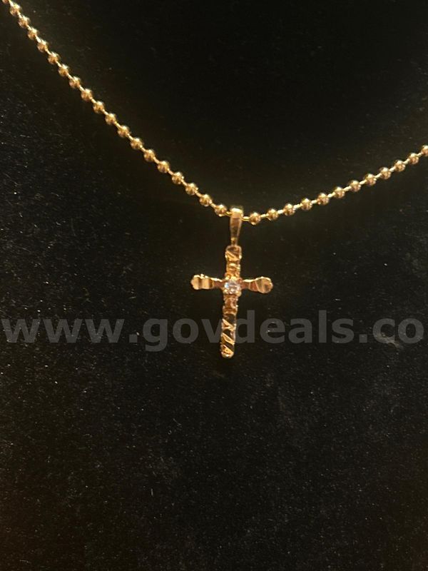 20”, Beaded Chain W/ Diamond CZ Cross Pendant 24K Real Gold Plated