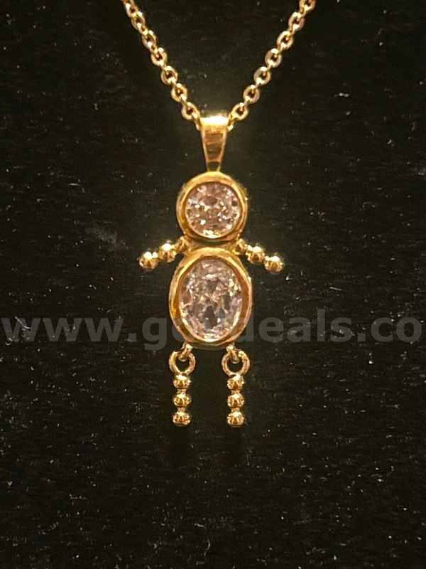 17 Inch, Dainty Chain Necklace W/Diamond CZ Little BoyPendant 24K Real Gold Pendant