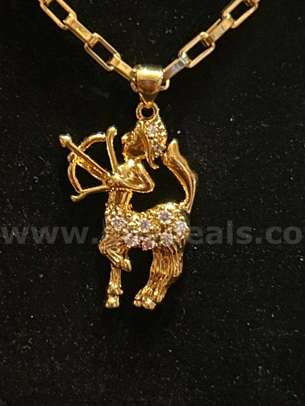 18Inch, Beautiful Box Chain Necklace W/CZ Sagittarius Pendant 24K Real Gold Plated