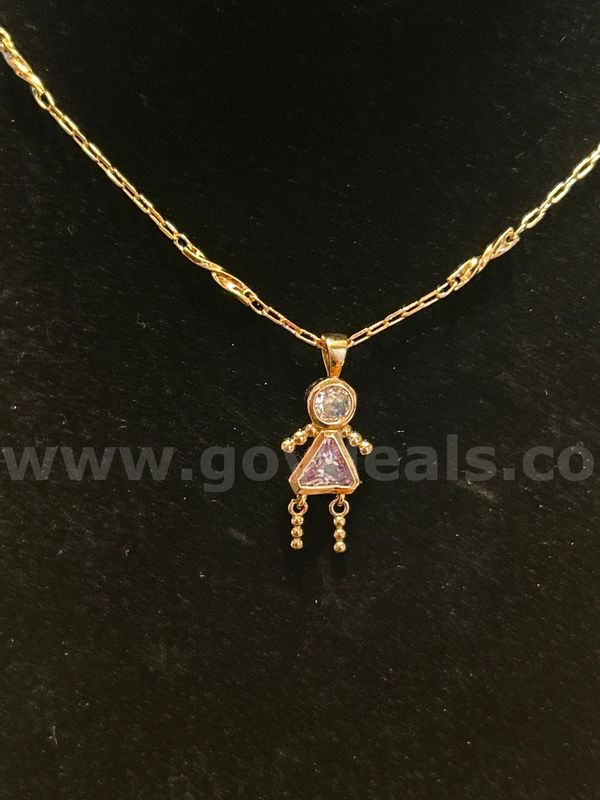 16 Inch, Station Chain Necklace W/ June Birthstone CZ Baby Girl Pendant, 24K Real Gold Filled
