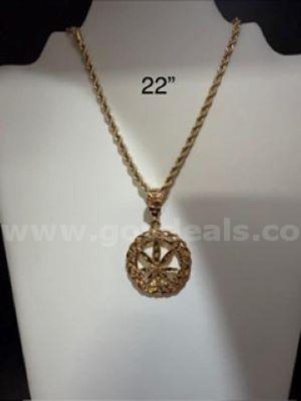 24k Real Gold Filled, 4MM, 22 Inch, Diamond Cut Rope Chain Necklace, W/Marijuana Leaf Medallion