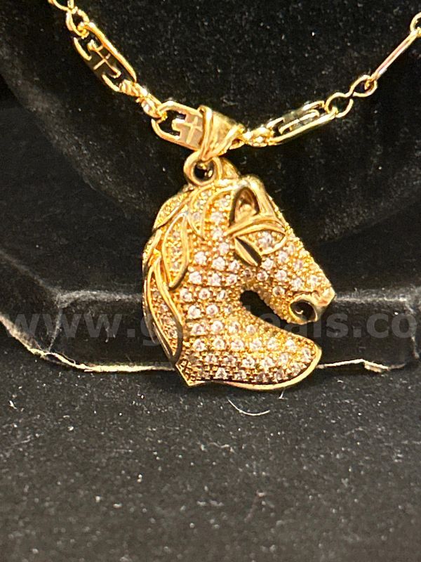 FREE SHIP W/WIN!! CZ Horse head Pendant W/ 23" Chain. 24K Real Gold Plated