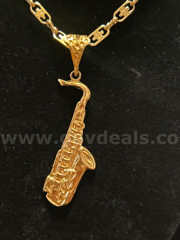 Saxophone Pendant with 24 Inch Chain. 24K Real Gold Plated