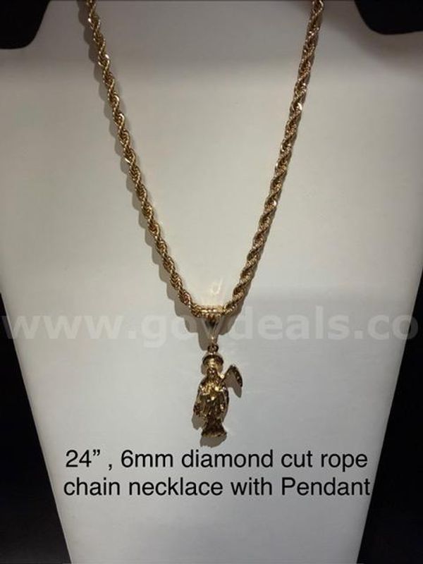 24k Gold, 6MM, 24 Inch, Diamond Cut Rope Chain Necklace, W/Grim Reaper Pendant