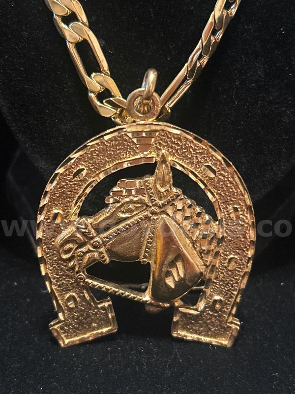 20” Figaro Necklace W/ XL Horse Shoe Pendant, 24K Real Gold Filled
