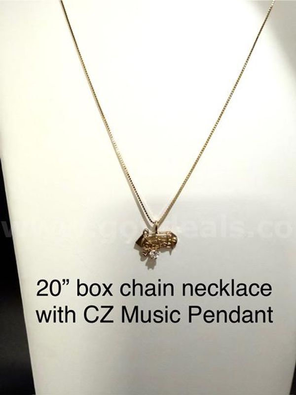 Beautiful 20 " Box Chain Necklace w/CZ Music Pendant, 24k Real Gold Filled