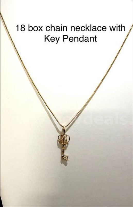 Beautiful, 18 " Box Chain Necklace w/Old-Fashioned Key Pendant, 24k Real Gold Filled