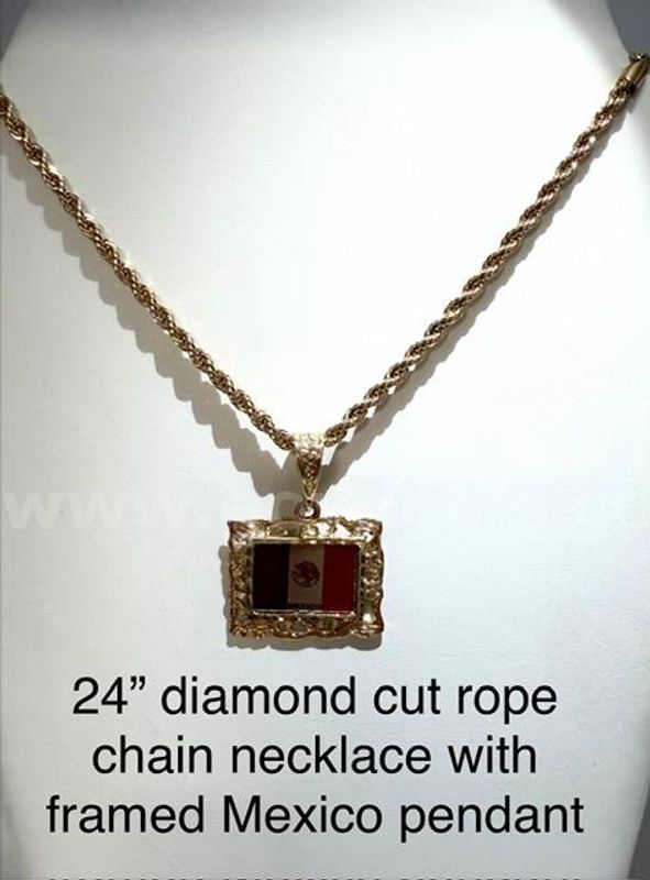 4MM, 24" Diamond Cut Rope Chain Necklace, w/Framed Mexico Flag Pendant, 24k Real Gold Filled