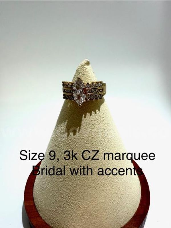 Beautiful, Ladies Size 9, CZ Marquis 3 Carat Bridal Ring, w/Accents, 24k Real Gold Filled