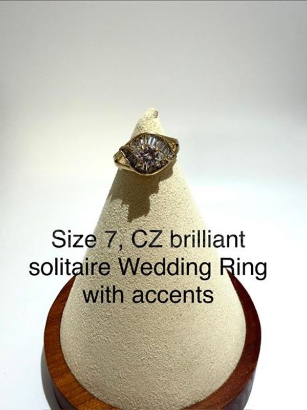 Beautiful, Ladies Size 7, CZ Solitaire Bridal Ring W/Accents, 24k Real Gold Filled
