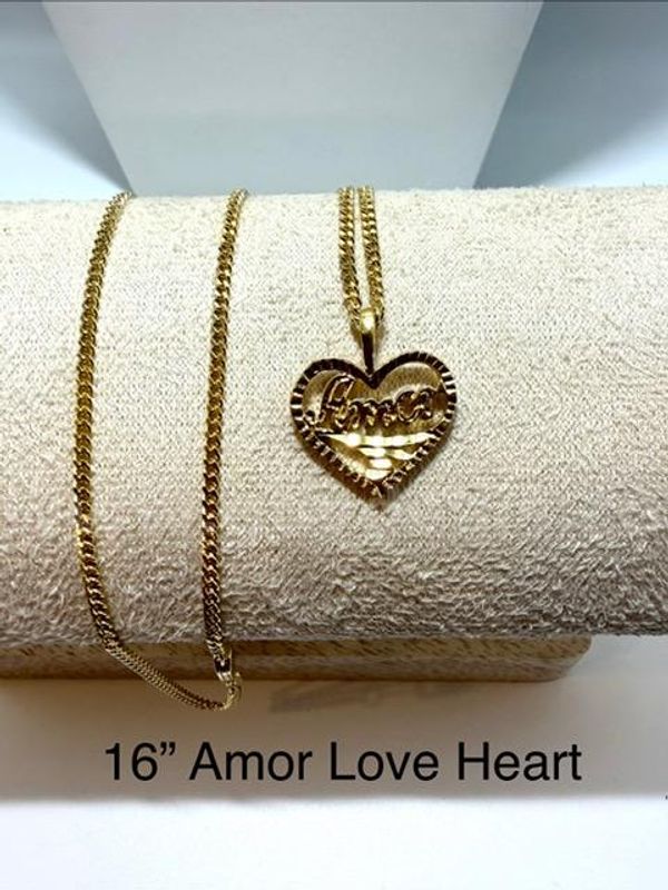 16 Inch, Ladies, Real 24k Gold Filled, Small Cuban Link Necklace Chain, W/Amor Love Pendant