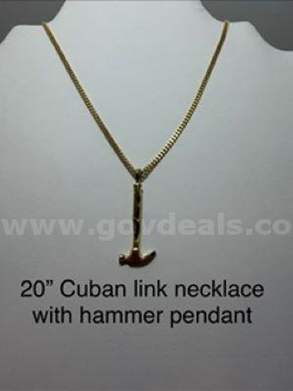 24k Gold, 20 inch, Cuban Link Chain Necklace, W/Diamond Cut Hammer Pendant