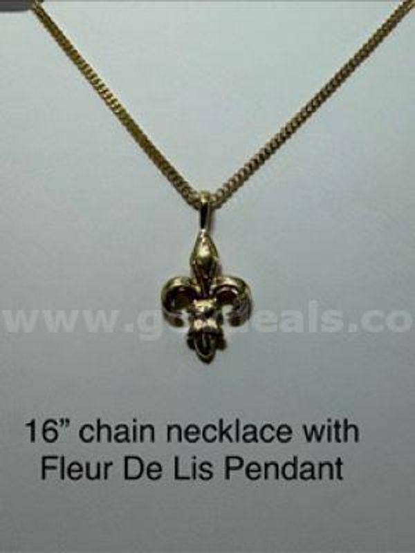 16”, Cuban Link, Real 24k Gold Filled, Necklace, W/Fleur De Lis Pendant