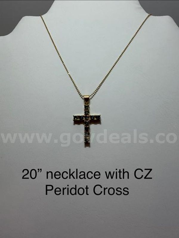 Beautiful, 20 Inch, Real 24k Gold Filled, Necklace Chain W/CZ Peridot Cross Pendant