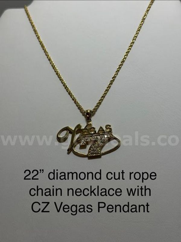 22 inch, Diamond Cut, Real 24k Gold Filled, Rope Chain Necklace, W/CZ Vegas Pendant