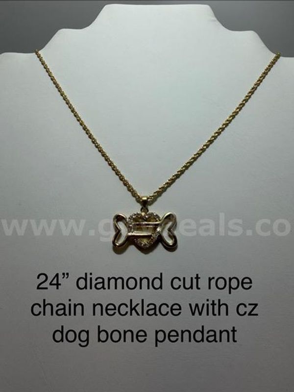1MM, 24 Inch, Real 24k Gold Filled, Diamond Cut Rope Chain Necklace, W/CZ Dog Bone Pendant
