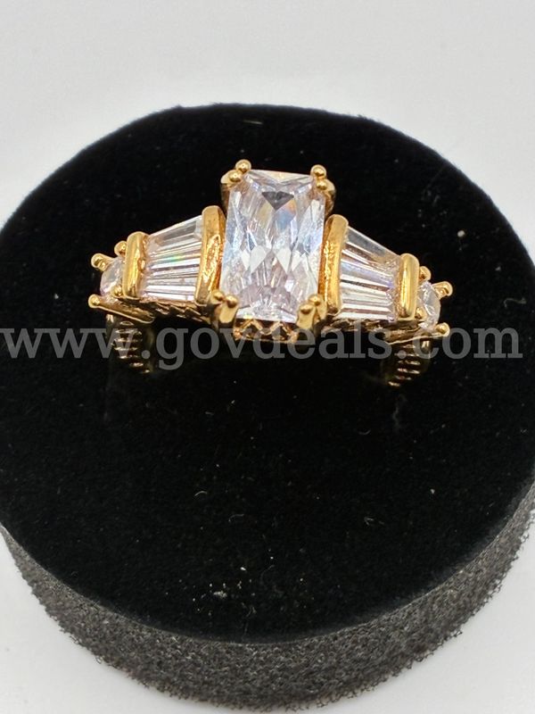 Size 7, CZ, Emerald Cut Engagement Ring 24K Real Gold Plated