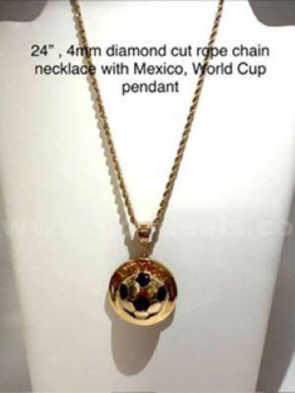 Beautiful, 4MM, 24 Inch, Diamond Cut Rope Chain Necklace, W/Enamel Mexico, World Cup Pendant, Real 24k Gold Filled