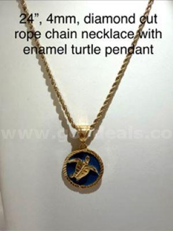 Gorgeous, 24", 4MM, Diamond Cut Rope Chain Necklace W/Blue Enamel Turtle Pendant, Real 24k Gold Filled