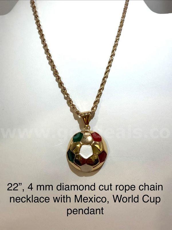 Gorgeous, 22", 4MM, Diamond Cut Rope Chain W/Mexico Enamel World Cup Pendant, Real 24k Gold Filled