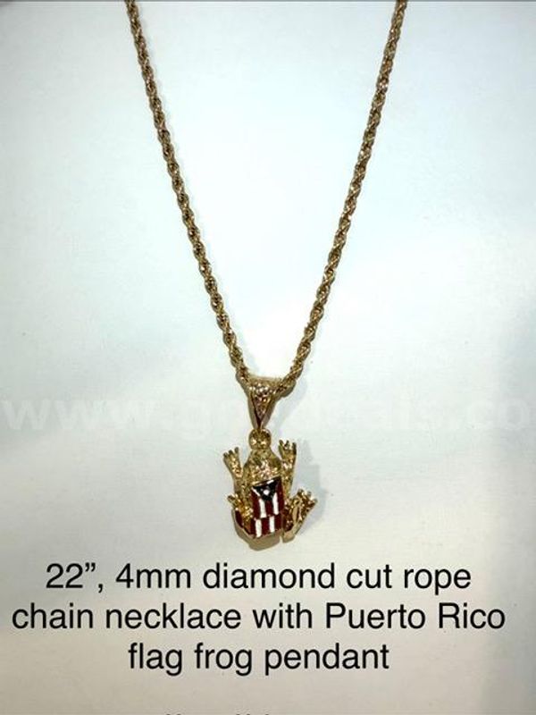Unique, 4MM, 22", Diamond Cut Rope Chain, W/Puerto Rico Frog Flag Pendant, Real 24k Gold Plated