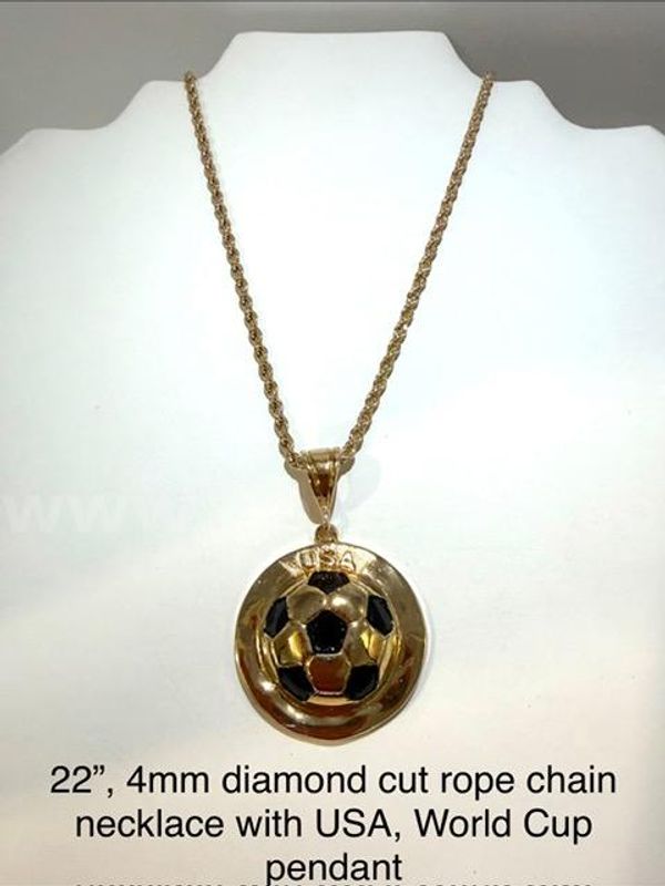 Gorgeous, 4MM, 22", Diamond Cut Rope Chain, W/USA World Cup Pendant, Real 24k Gold Plated