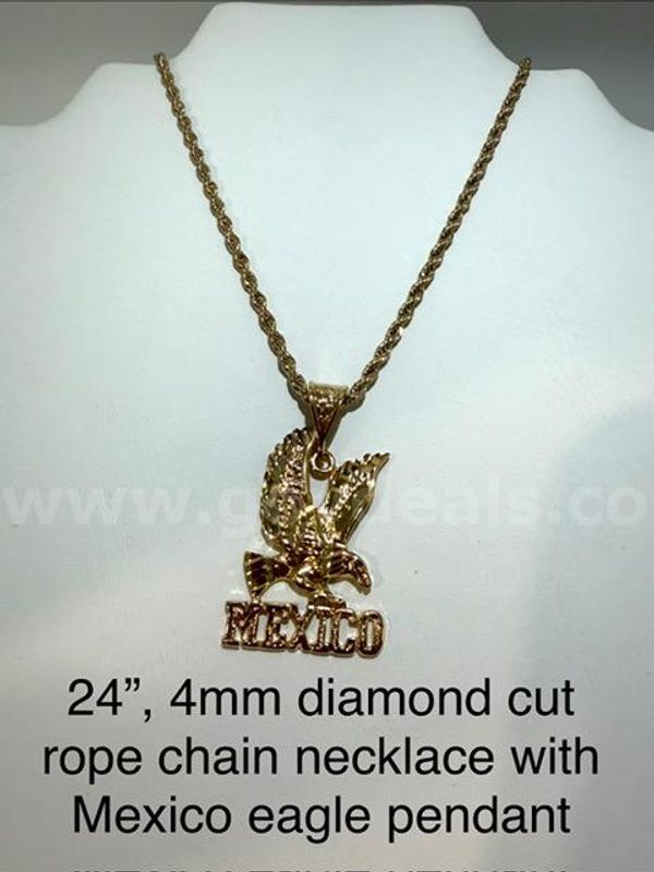 Beautiful, 4MM, 24", Diamond Cut Rope Chain, W/Mexico Eagle Pendant, Real 24k Gold Plated