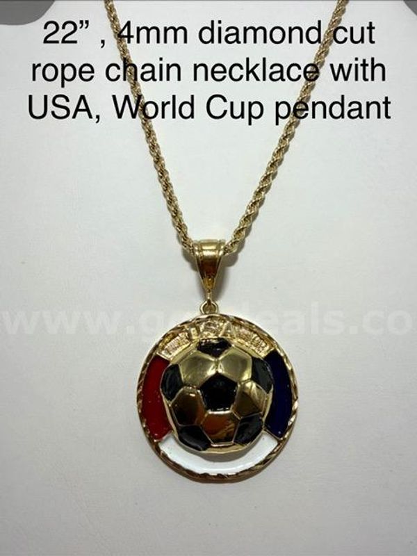 Beautiful, 4MM, 22", Diamond Cut Rope Chain, W/USA World Cup Pendant, Real 24k Gold Filled