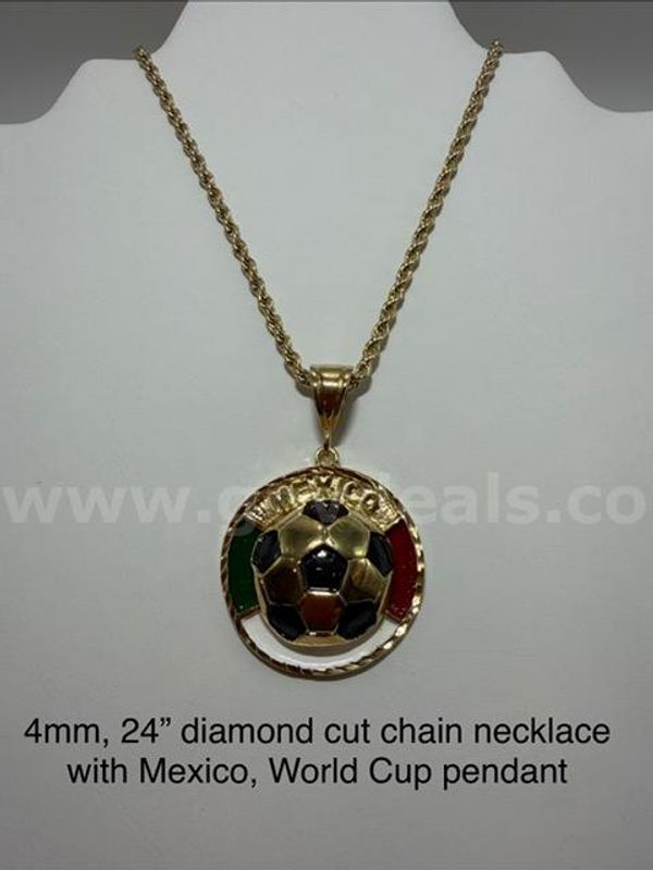 4MM, 24", Diamond Cut Rope Chain, W/Mexico World Cup Pendant, 24K Real Gold Filled