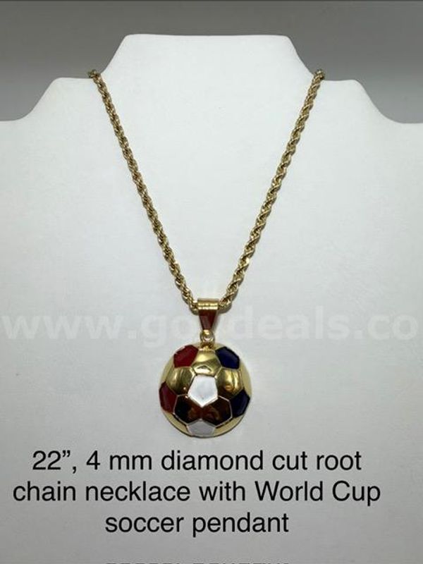 4MM, 22 Inch, Real 24k Gold Plated, Diamond Cut Rope Chain, W/World Cup Soccer Pendant