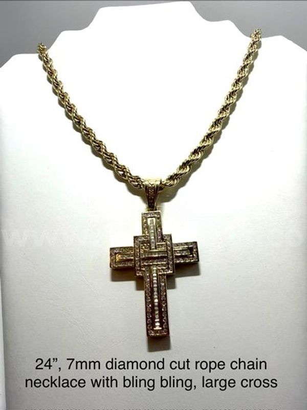7MM, 24 Inch, Diamond Cut Rope Chain W/Bling Bling CZ Cross, 24K Real Gold Filled