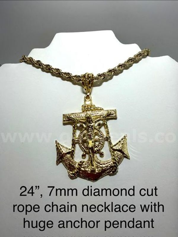 7MM, Real 24k Gold Plated, 24 Inch, Diamond Cut Rope Chain, W/Large Jesus On Anchor Pendant