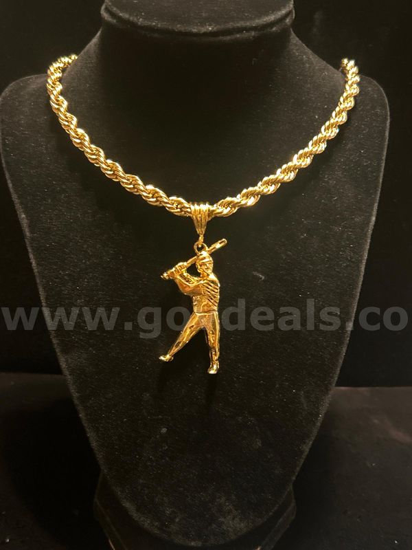 6mm, 24k Gold, 22 Inch , Diamond Cut Rope Chain, W/ Baseball Player Pendant