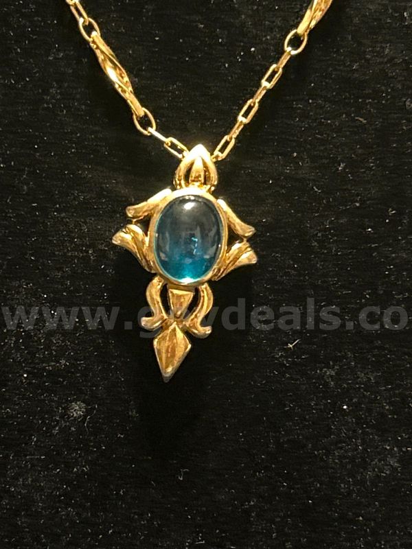 Victorian Revival Blue Cabochon Fleur-de-Lis Style Pendant W/ 18” Necklace. 24K Real Gold Filled.