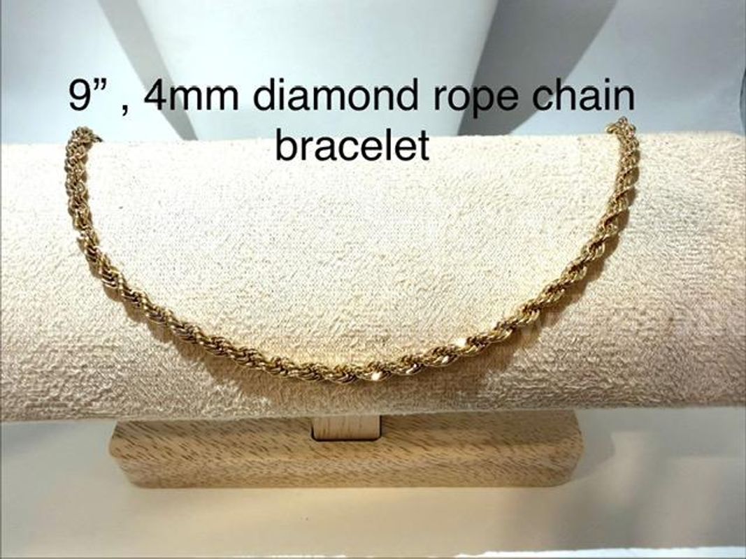 Beautiful, 4MM, 9 Inch, Real 24k Gold Filled, Diamond Cut Rope Bracelet