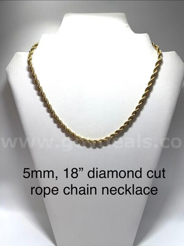 Beautiful, 18 Inch, Real 24k Gold Filled, 5MM Diamond Cut Rope Chain Necklace