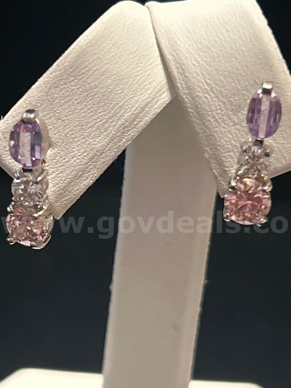 Rhodium (Silver) CZ Purple , Pink, Clear,Dangling  Earrings