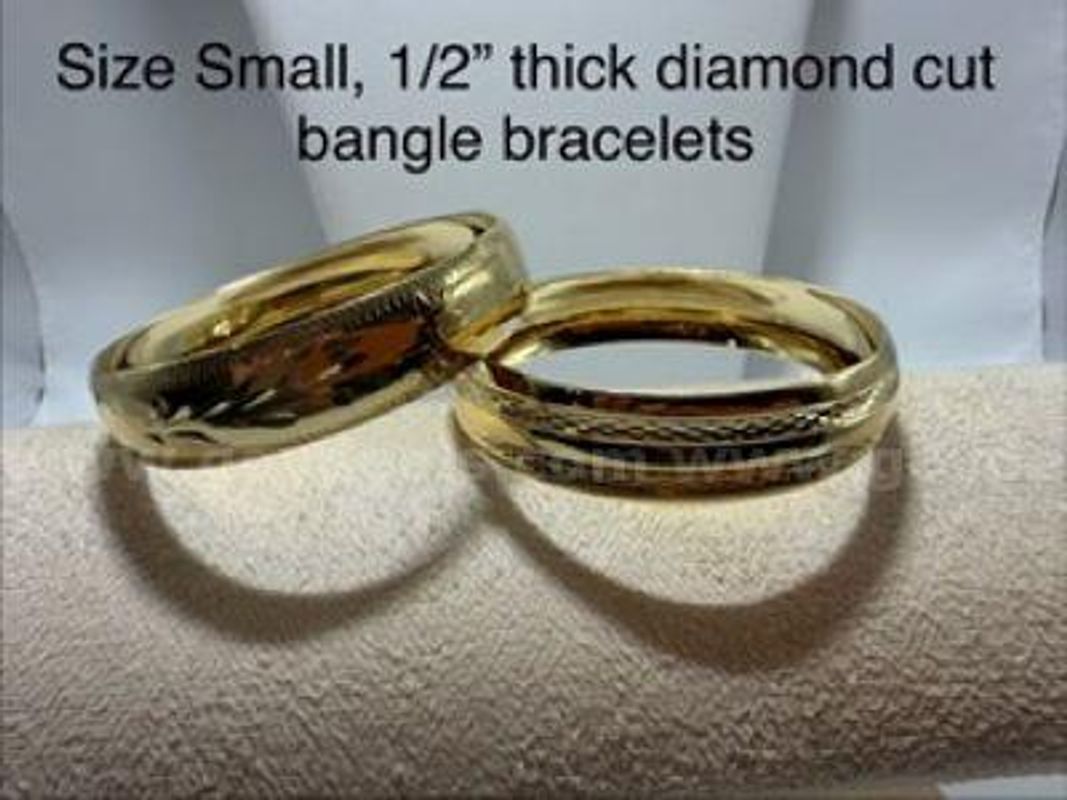 Gorgeous, Set of (2), Size Small, Real 24k Gold Filled, 1/2" Wide, Diamond Cut Bangle Bracelets