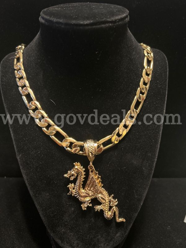Gorgeous, Heavy, 24k Gold, 30 Inch, Extra Large Figaro Chain Necklace W/ XL Dragon Pendant FREE SHIPPING W/Buy It Now