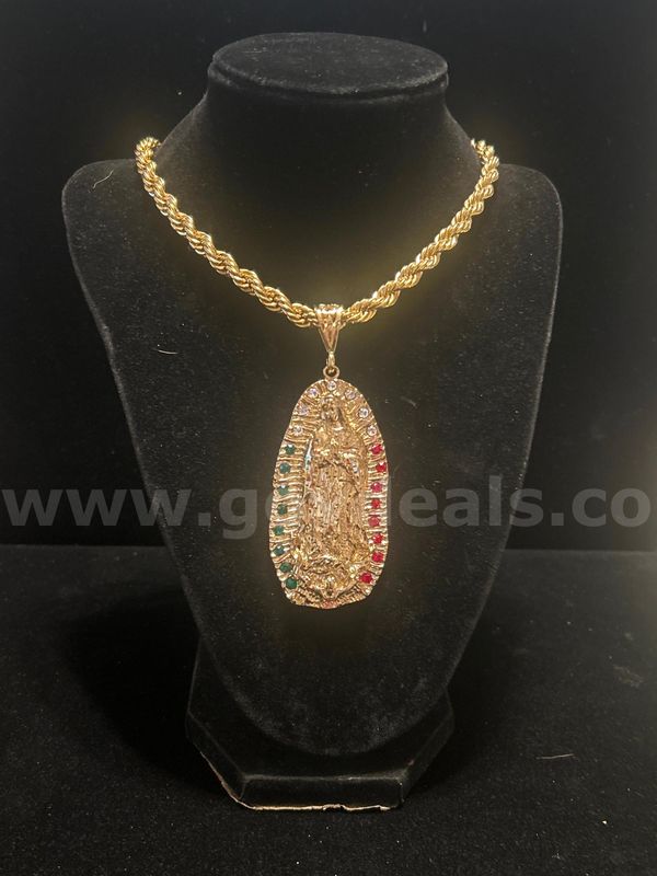6mm, 24k Gold, 30 Inch , French Rope Chain, W/ Cz Tricolor our Lady of Guadalupe Pendant. Read⬇️