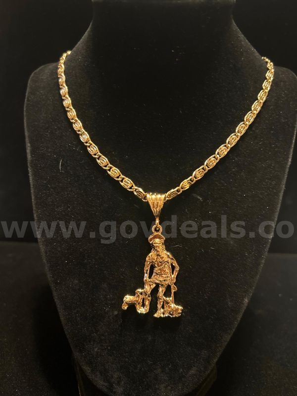 24”, Diamond Cut Scroll Necklace w/ St Roch Pendant. 24K Gold Filled.