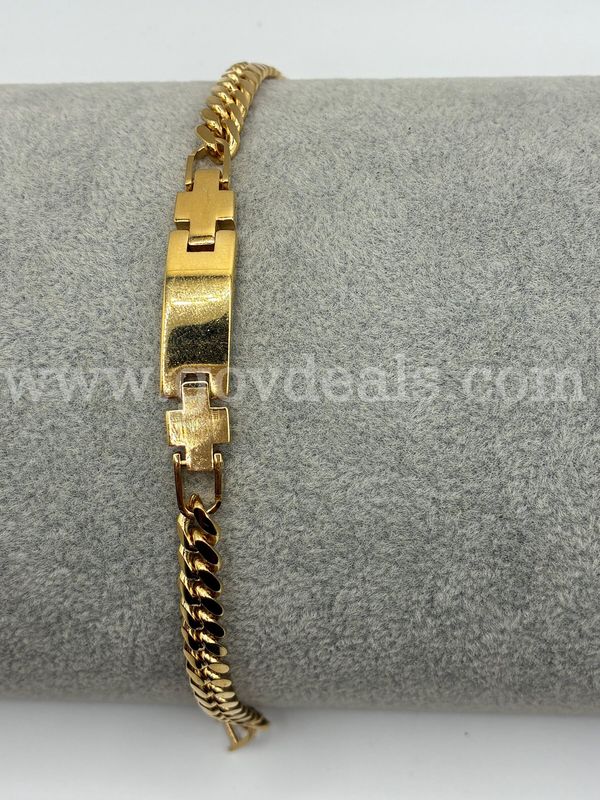 8 3/4 Inch, Curb Link ID Bracelet W/Cross Connector, 24K Real Gold Filled.
